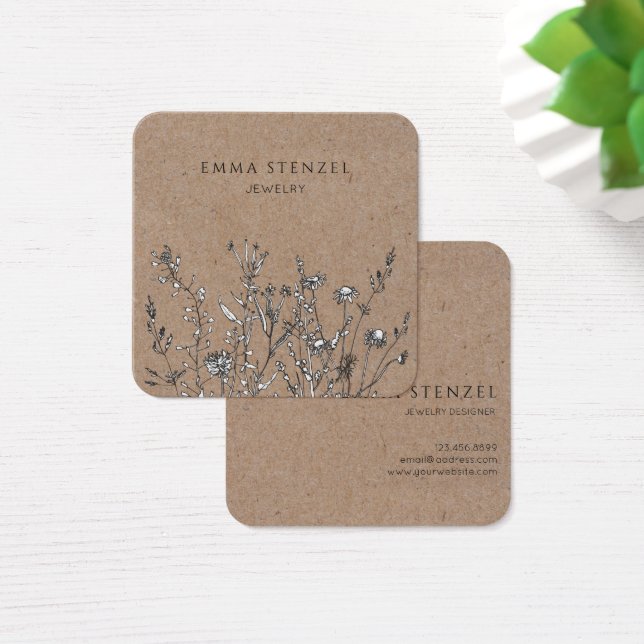 Tarjeta de Biz Rustic Kraft Wildflowers Floral Squ (Escritorio)