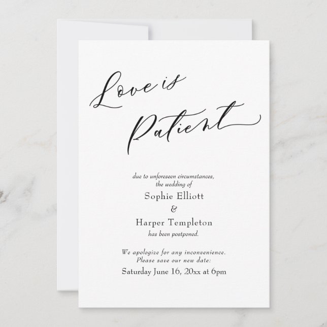 Tarjeta de Boda Aplazada Simple y Paciente (Anverso)
