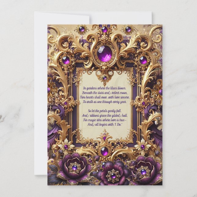 Tarjeta de Boda Barroca de Morado y Dorado Real (Anverso)