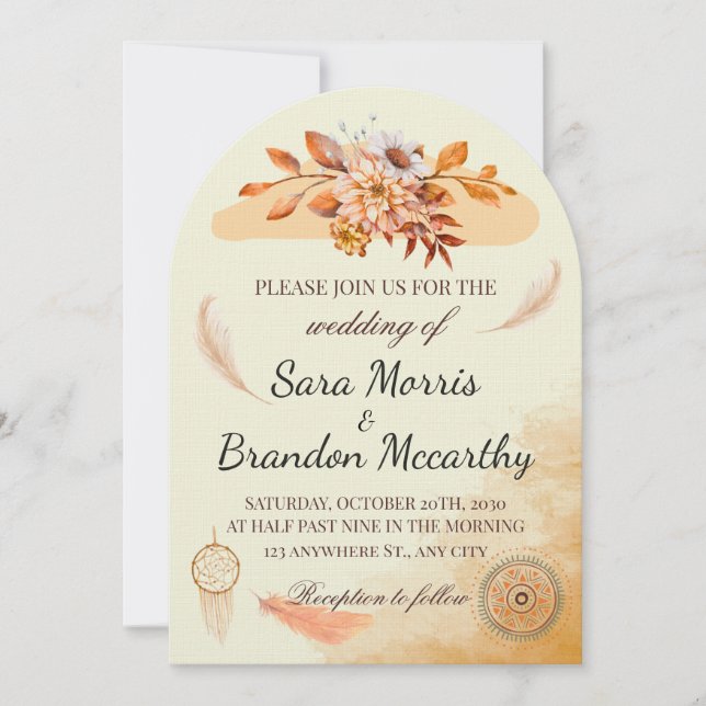 Tarjeta de boda bohemio con acuarela rústica (Anverso)