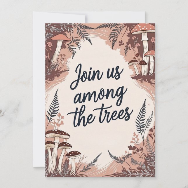 Tarjeta de Boda Boho Bosque con Hongos y Helechos (Anverso)