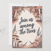 Tarjeta de Boda Boho Bosque con Hongos y Helechos
