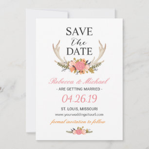 Tarjeta de boda boho con asta floral blanca para g