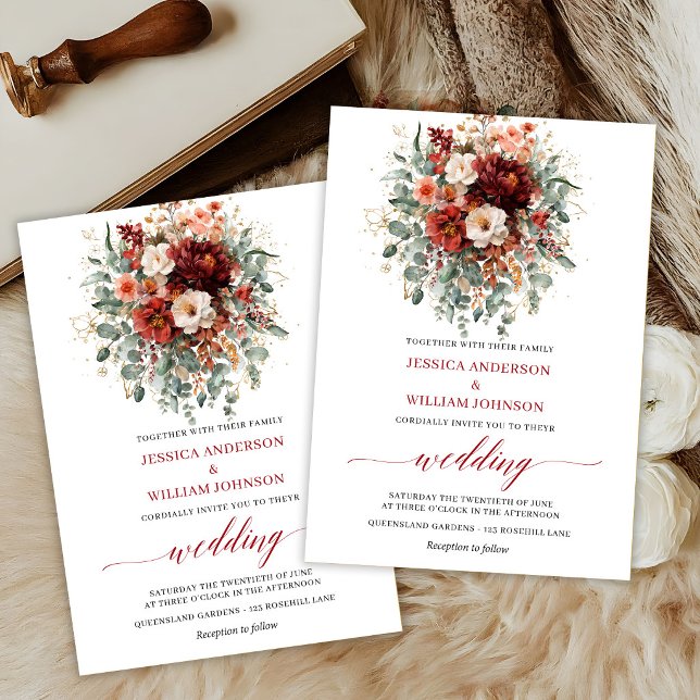 Tarjeta de boda boho de flores de otoño granate eu (Maroon Autumn Flowers Boho Eucalyptus Wedding Invite

)