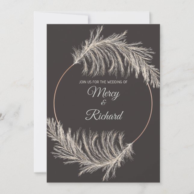 Tarjeta de boda boho de lujo monocroma de hierba d (Anverso)