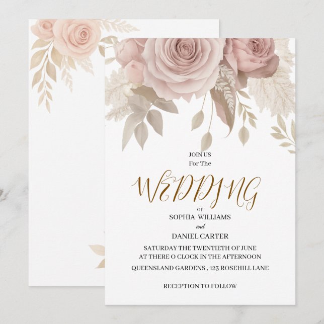 Tarjeta de Boda Botánica con Rubor de Oro Rosa de  (Anverso / Reverso)