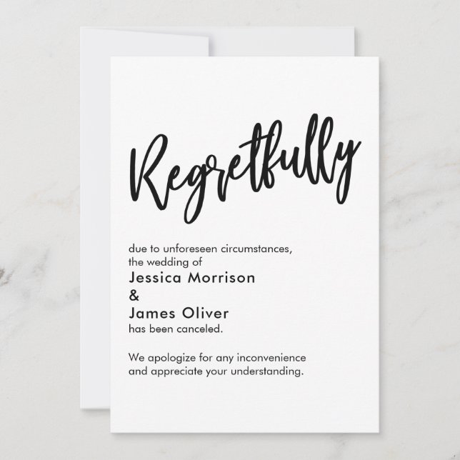 Tarjeta de Boda Cancelada con Lamento Blanco Negro (Anverso)