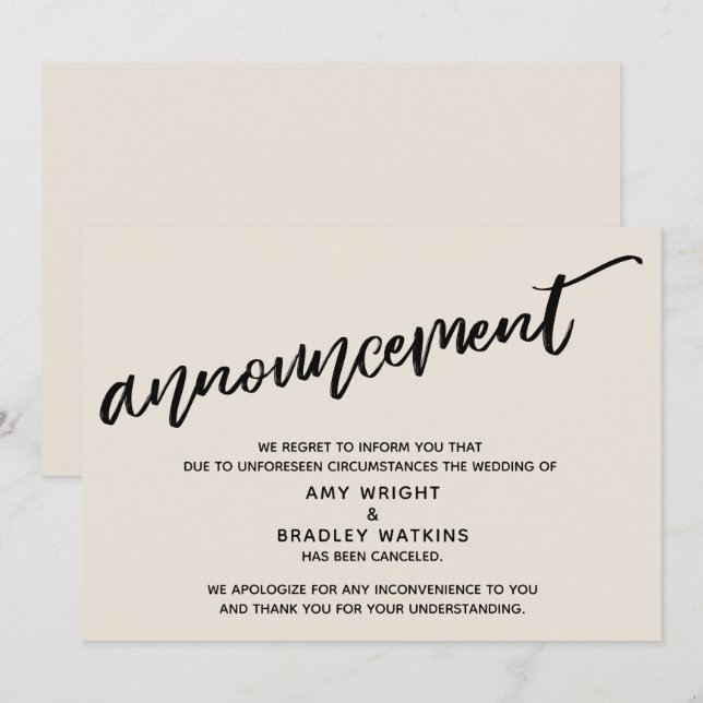 Tarjeta de Boda Cancelada con Letra Moderna a Mano (Anverso / Reverso)