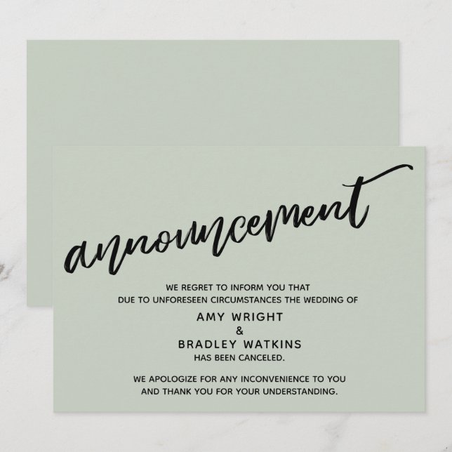 Tarjeta de Boda Cancelada con Letra Moderna de Sag (Anverso / Reverso)