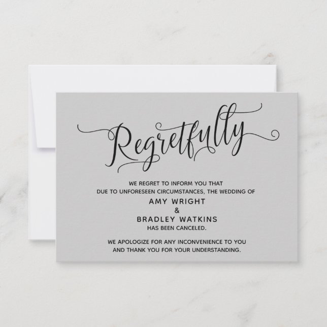 Tarjeta de Boda Cancelada Gris Elegante con Pesar (Anverso)