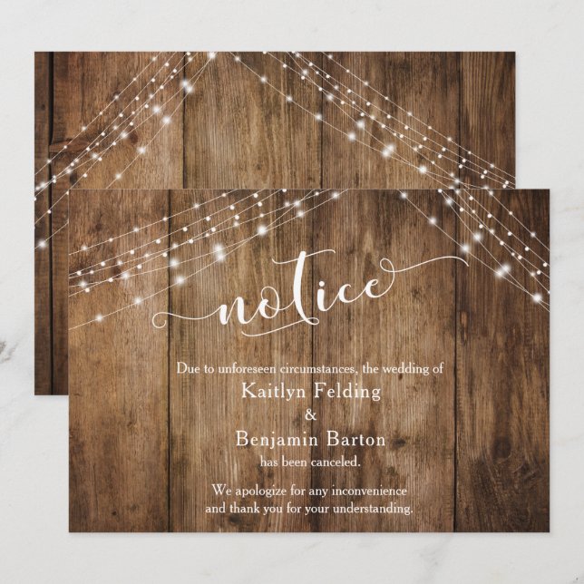 Tarjeta de Boda Cancelada Rustic Wood & Lights Not (Anverso / Reverso)