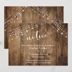Tarjeta de Boda Cancelada Rustic Wood & Lights Not