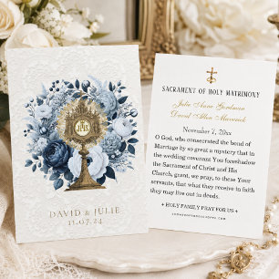Tarjeta de boda católica azul floral custodia