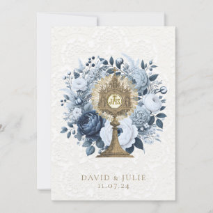 Tarjeta de boda católica azul floral custodia
