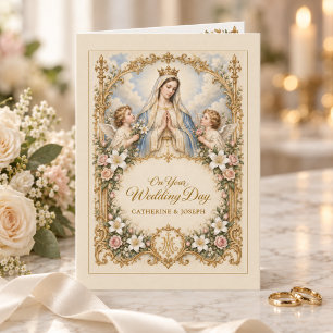 Tarjeta de Boda Católica Virgen María y Ángeles