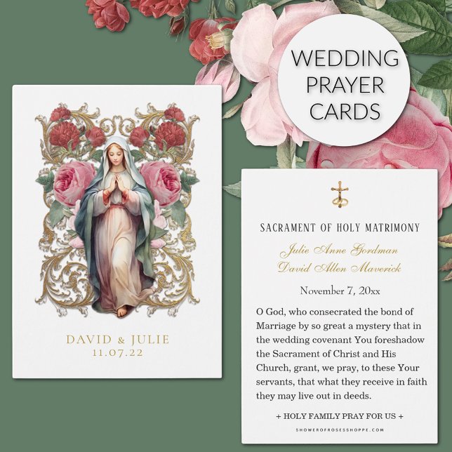 Tarjeta de Boda Católica Virgin Mary (Traditional Catholic Wedding Prayer card with the Blessed Virgin Mary and Roses)