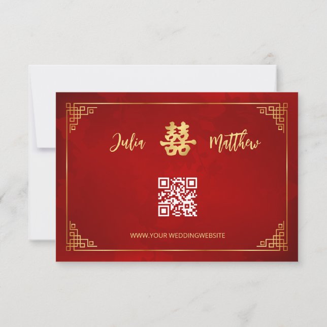 Tarjeta de boda china con marco dorado RSVP (Reverso)