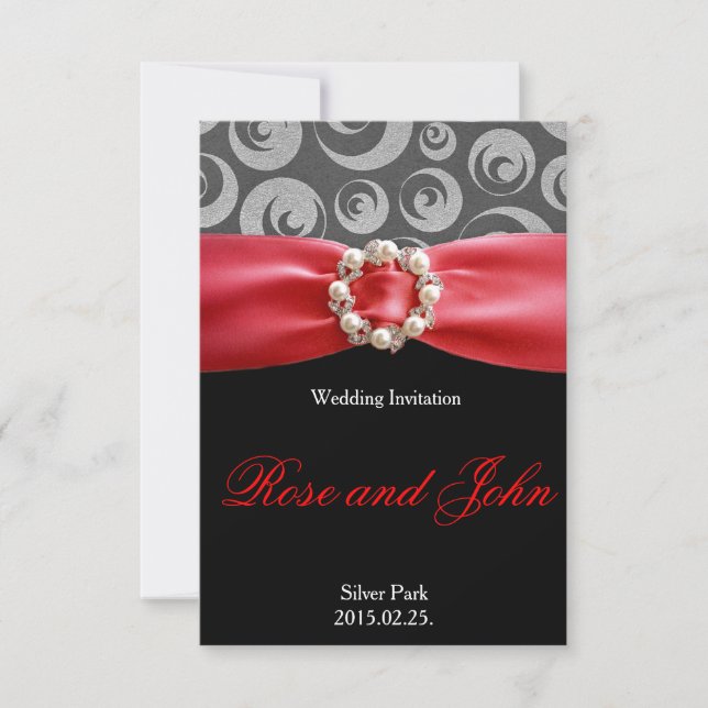 Tarjeta de boda con cinta de raso roja negra plate (Anverso)