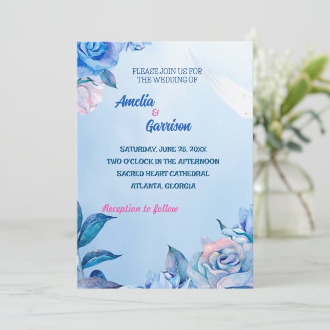 Tarjeta de boda con dibujo de rosas azules (Anverso de pie)