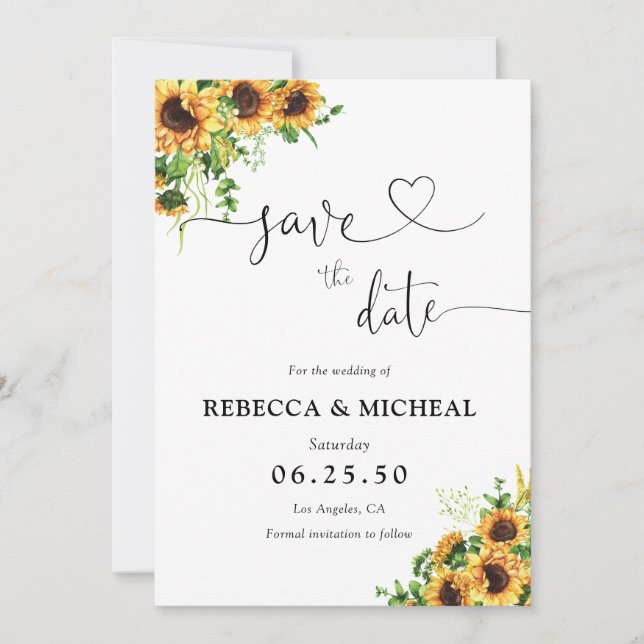 Tarjeta de boda con flores amarillas para guardar  (Anverso)