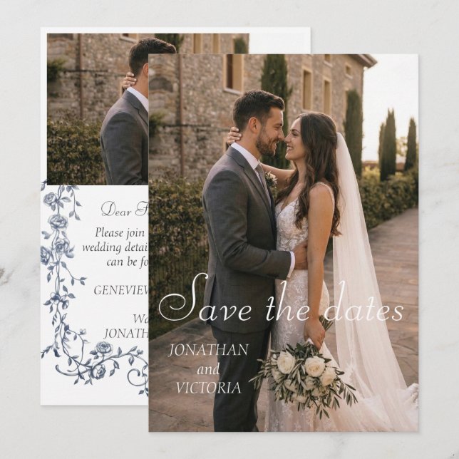 Tarjeta de boda con foto de fecha de salvación flo (Anverso / Reverso)