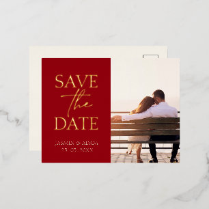 Tarjeta de boda con foto de oro rojo granate para 