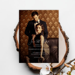 Tarjeta de boda con foto y escritura elegante para