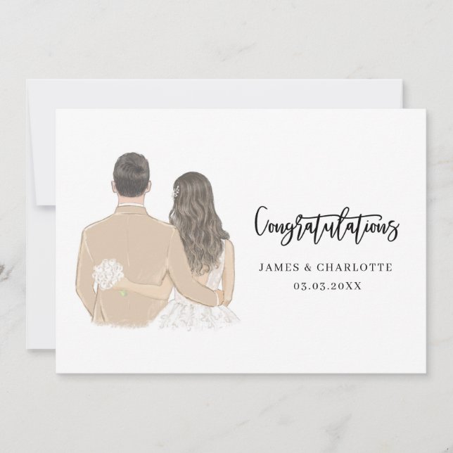 Tarjeta de boda con ilustración de novia y novio (Anverso)