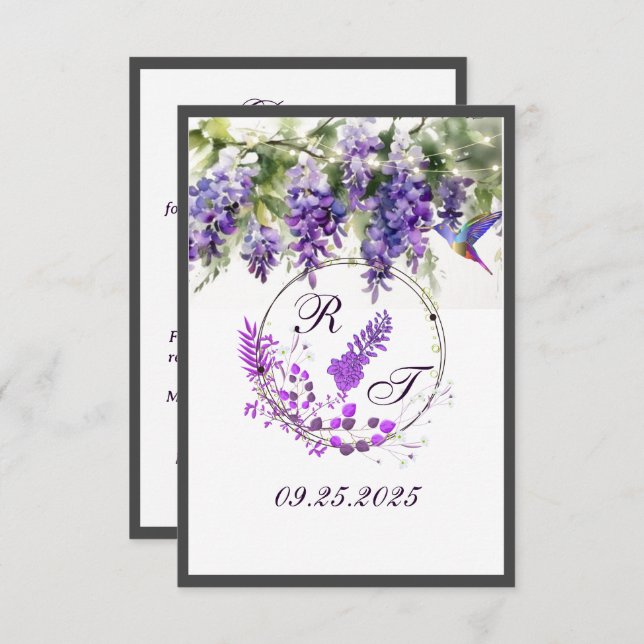 Tarjeta de Boda con temas de glicinia morada (Anverso / Reverso)