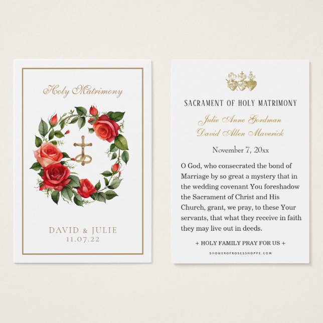 Tarjeta de Boda Crucifijo de Rosas Rojas Católicas (Anverso y reverso)