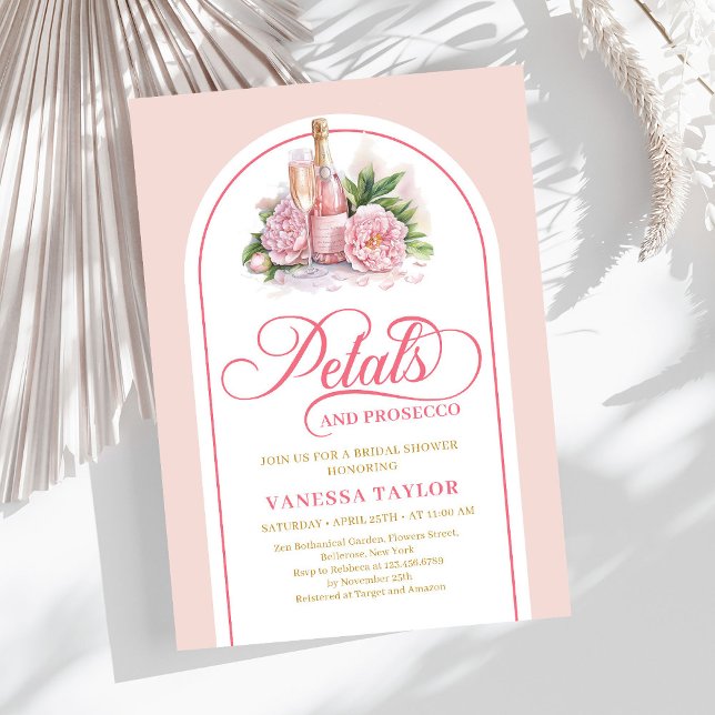 Tarjeta de boda de acuarela con pétalos de moda y  (Trendy petals and prosecco watercolor bridal card)