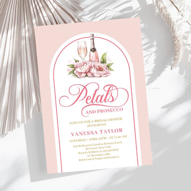 Tarjeta de boda de acuarela con pétalos elegantes  (Stylish petals and prosecco watercolor bridal card)