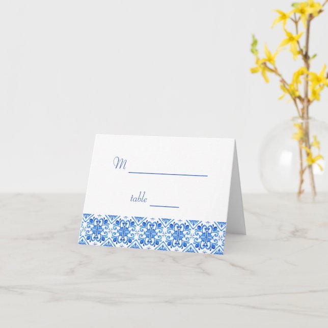 Tarjeta de boda de azulejos azules mediterráneos (flor amarilla)