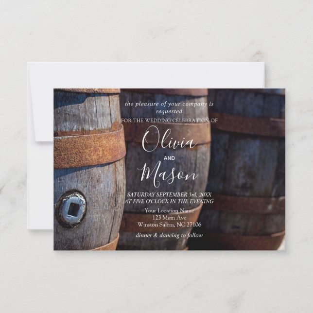 Tarjeta de Boda de barril de vino rústico (Anverso)