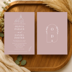 Tarjeta de Boda de Capilla Rosa Malva Línea Arte