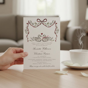 Tarjeta de Boda de Cisnes Románticos con Corazones
