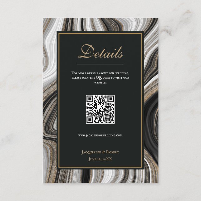 Tarjeta de Boda de código QR de mármol negro y dor (Anverso)