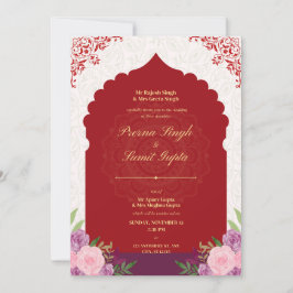 tarjeta de boda de color marrón con texto dorado