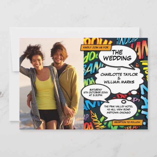 Tarjeta de Boda de Cómic Divertida y Moderna (Anverso)