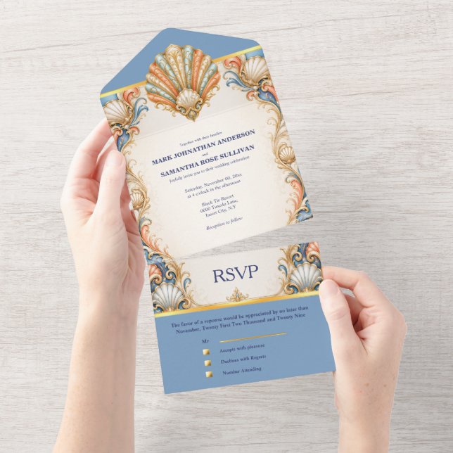 Tarjeta de Boda de Concha de Mar Azul Coral Lujo C (desgarro)
