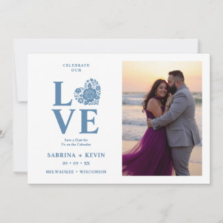 Tarjeta de boda de corazón floral polvoriento azul