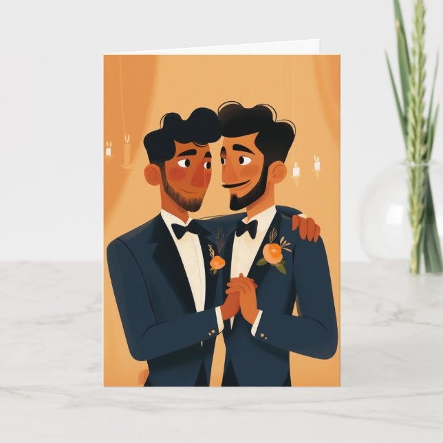 Tarjeta de boda de dos novios con esmoquin (Anverso)