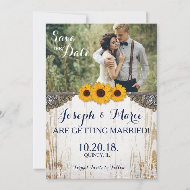 Tarjeta de boda de encaje y arpillera con girasole (Anverso)