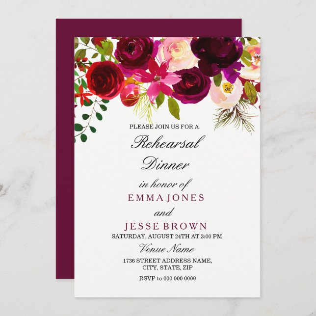 Tarjeta de Boda de ensayo de Boho floral borgoñés (Anverso / Reverso)