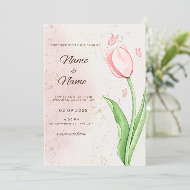 Tarjeta de boda de flor y mariposa rosa elegante (Anverso de pie)
