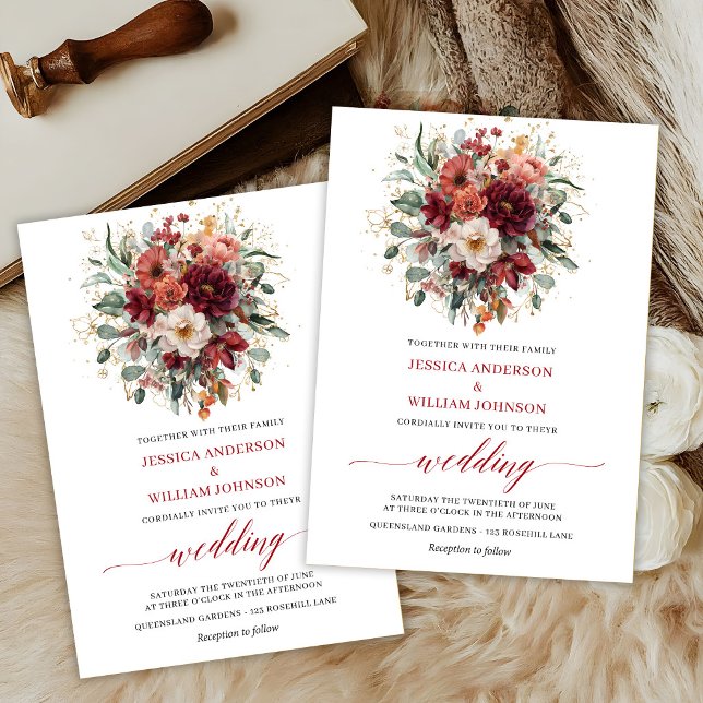 Tarjeta de boda de flores de otoño boho de Borgoña (Burgundy Boho Autumn Flowers Greenery Wedding Invite

)