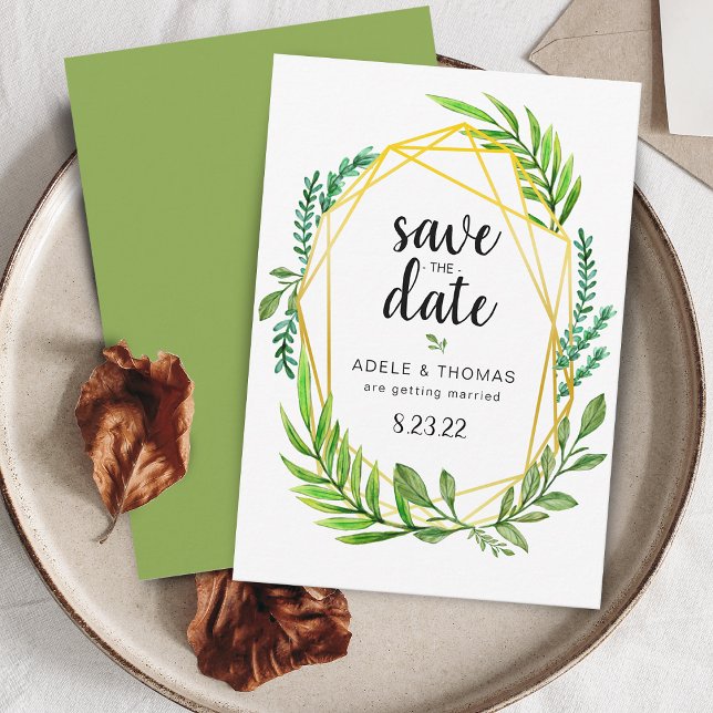 Tarjeta de boda de follaje geométrico dorado para  (Gold Geometric Foliage Wedding Save the Date Card)