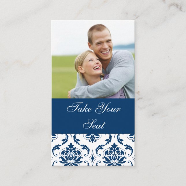 Tarjeta de Boda de foto de Navy Blue Damask (Anverso)