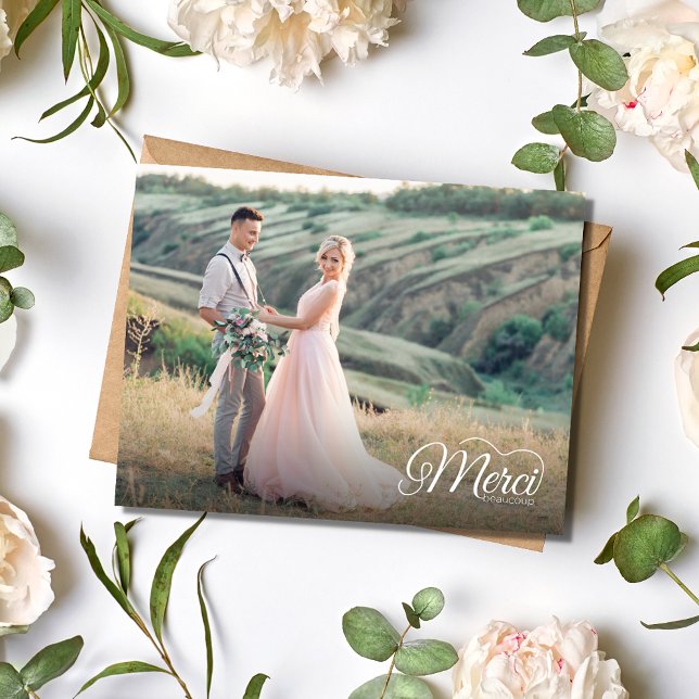 Tarjeta de boda de foto Merci Beacoup francés (Merci Beacoup French Photo Wedding Postcard)
