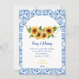 Tarjeta de Boda de girasol azul y blanco moderna